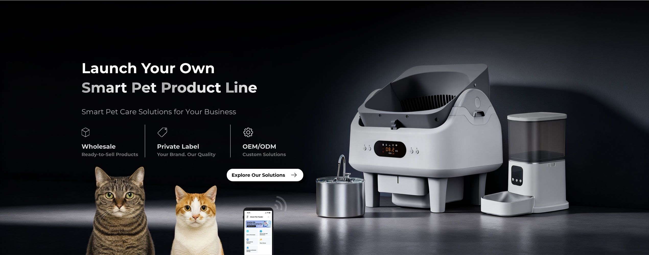 Smart pet care products including an automatic cat litter box, pet water fountain, and smart pet feeder for wholesale and OEM/ODM